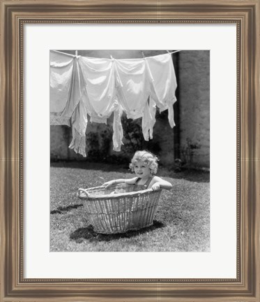 Framed 1930s 1940s Girl Outdoors Sitting In Laundry Basket Print