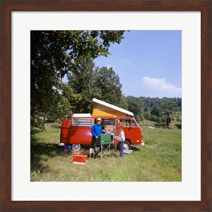 Framed 1970s Father And Son Cooking At Campsite Print