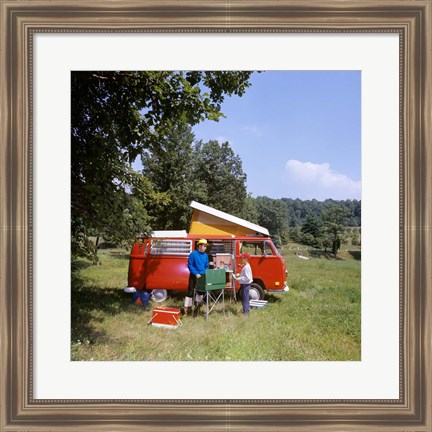 Framed 1970s Father And Son Cooking At Campsite Print