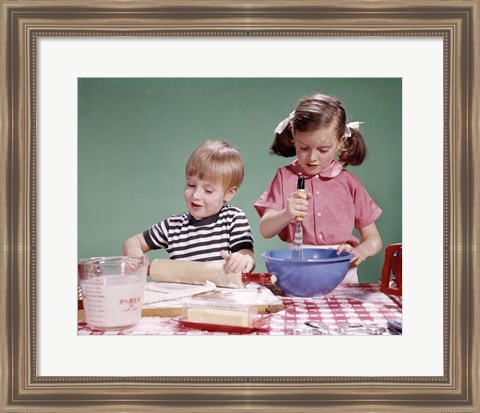 Framed 1960s  Boy And Girl Mixing Ingredients For Cookies Print