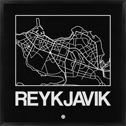 Framed Black Map of Reykjavik Print