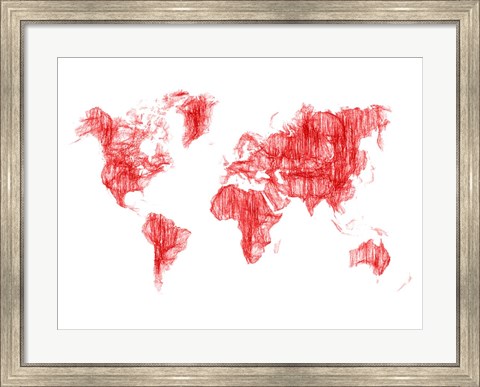 Framed World Map Red Drawing Print