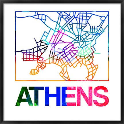 Framed Athens Watercolor Street Map Print