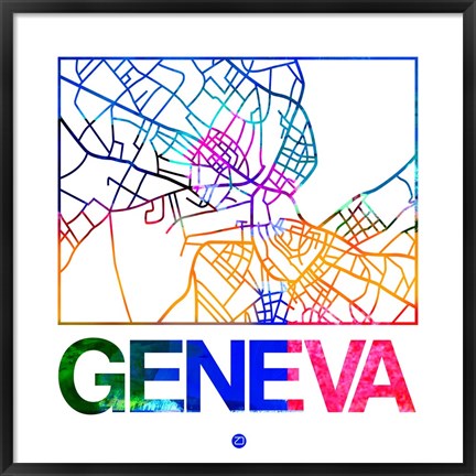 Framed Geneva Watercolor Street Map Print