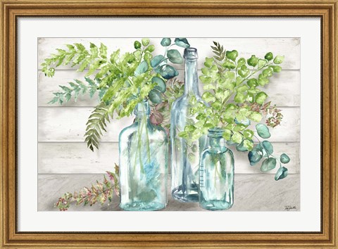 Framed Vintage Bottles and Ferns Landscape Print