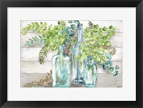 Framed Vintage Bottles and Ferns Landscape Print