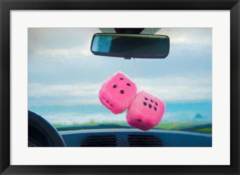 Framed Furry Dice Hanging in a Car Print