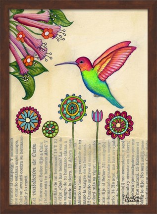 Framed Stick Flower Hummingbird Print