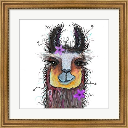 Framed Llama with Purple Flower Print