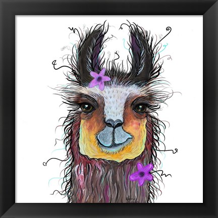 Framed Llama with Purple Flower Print