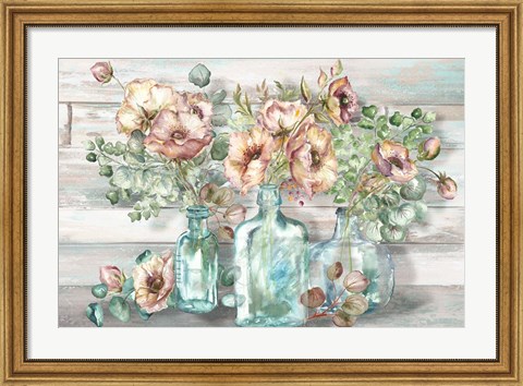 Framed Blush Poppies and Eucalyptus in bottles landscape Print