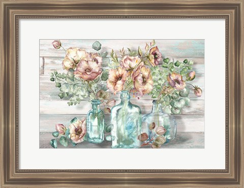 Framed Blush Poppies and Eucalyptus in bottles landscape Print