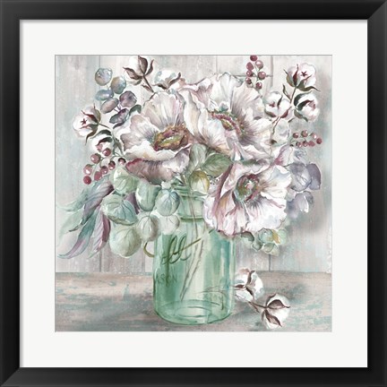 Framed Blush Poppies and Eucalyptus in Mason Jar Print