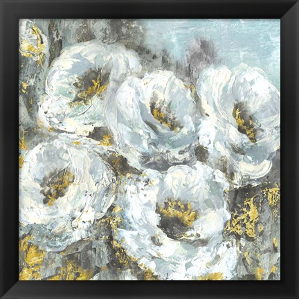 Framed White Flowers with Gold Print