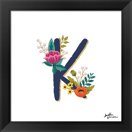 Framed Romantic Luxe Monogram K Navy Print