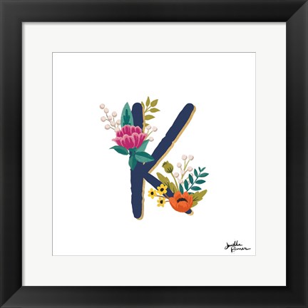 Framed Romantic Luxe Monogram K Navy Print