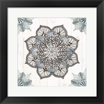 Framed Mandala Morning V Blue and Gray v2 Print