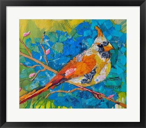 Framed Female Cardinal on Blue Print