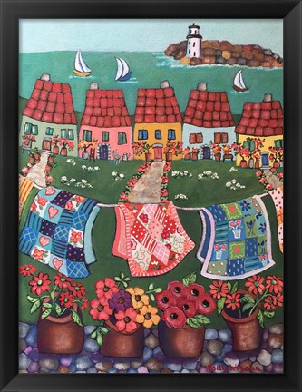 Framed Rosey Roofed Cottages and Quilts Print