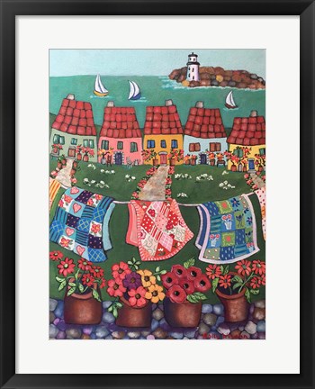 Framed Rosey Roofed Cottages and Quilts Print