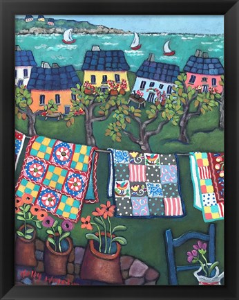 Framed Blue Roofed Cottages and Quilts Print