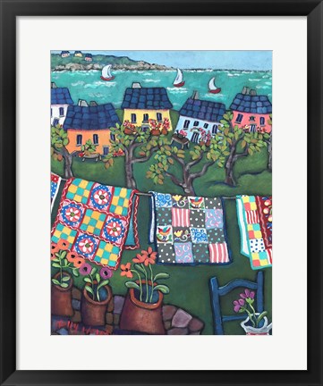 Framed Blue Roofed Cottages and Quilts Print