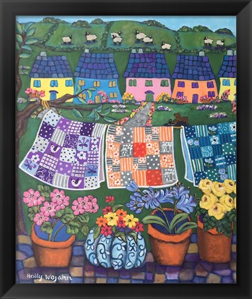 Framed Sheepish Hillsides with Cottages and Quilts Print