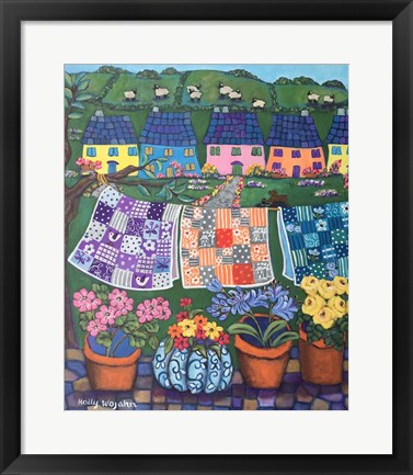 Framed Sheepish Hillsides with Cottages and Quilts Print