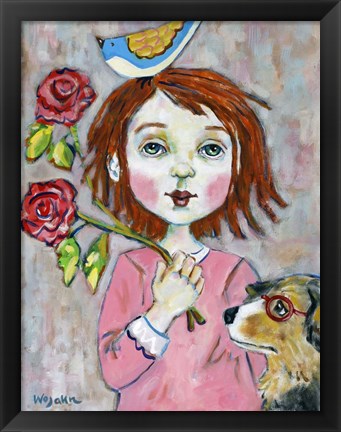 Framed Bird Headed Girl with Nearsighted Dog Print