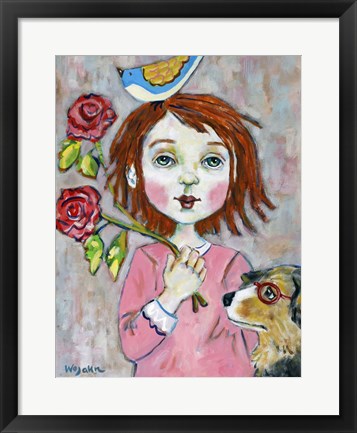 Framed Bird Headed Girl with Nearsighted Dog Print