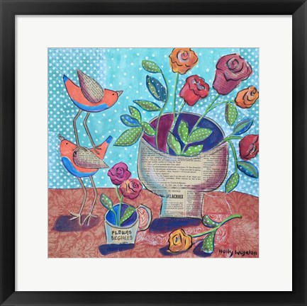 Framed Flowers and Stacked Birds Print