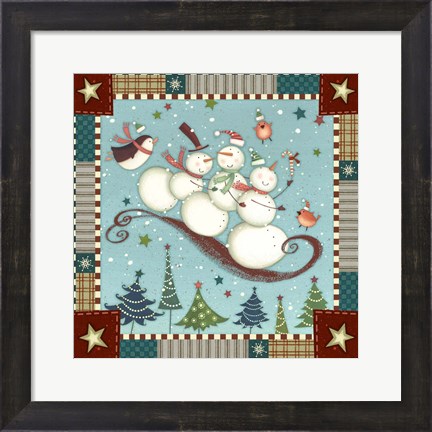 Framed Sledding Snowmen I Print