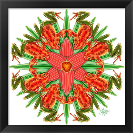 Framed Red Bromeliad Frog Mandala Print