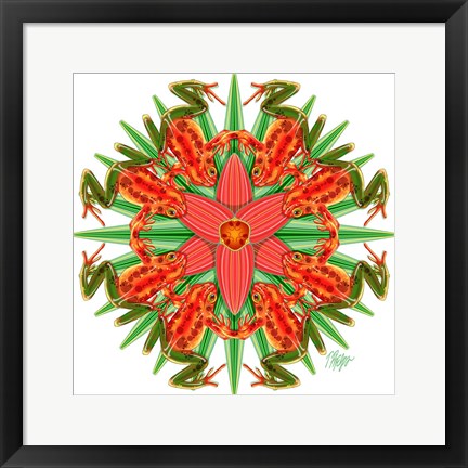 Framed Red Bromeliad Frog Mandala Print