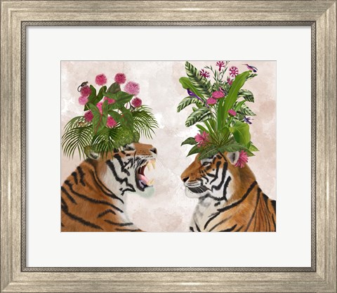 Framed Hot House Tigers, Pair, Pink Green Print