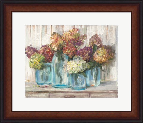 Framed Hydrangeas in Glass Jars White Wood Print