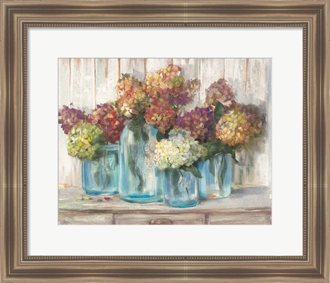 Framed Hydrangeas in Glass Jars White Wood Print