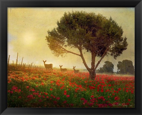 Framed Trees Poppies Deer Print