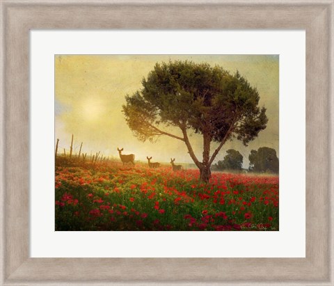 Framed Trees Poppies Deer Print