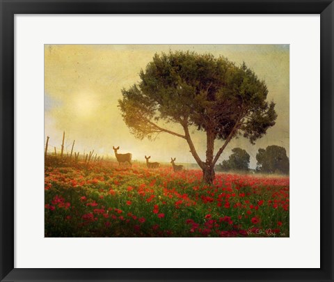 Framed Trees Poppies Deer Print