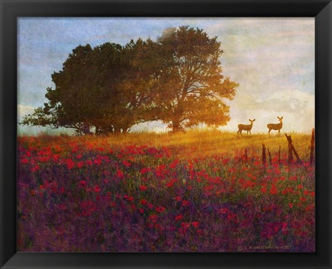 Framed Trees Poppies Deer 2 Print