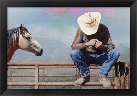 Framed Cowboy On Fence Print