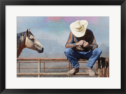 Framed Cowboy On Fence Print