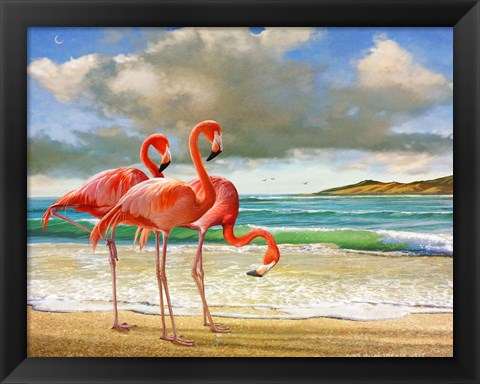 Framed Beach Scene Flamingos Print