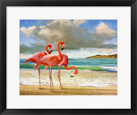 Framed Beach Scene Flamingos Print