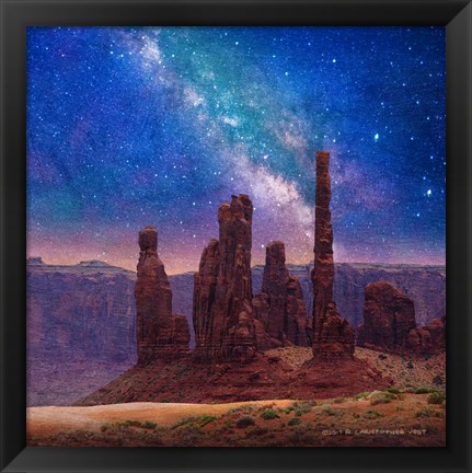 Framed Totem Pole At Night Print