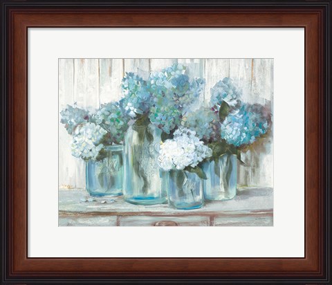 Framed Hydrangeas in Glass Jars Blue Print