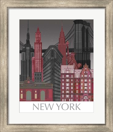 Framed New York Elevations by Night Red Print