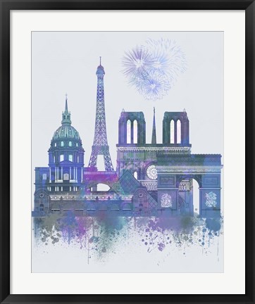 Framed Paris Skyline Watercolour Splash Blue Print