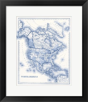 Framed North America in Shades of Blue Print